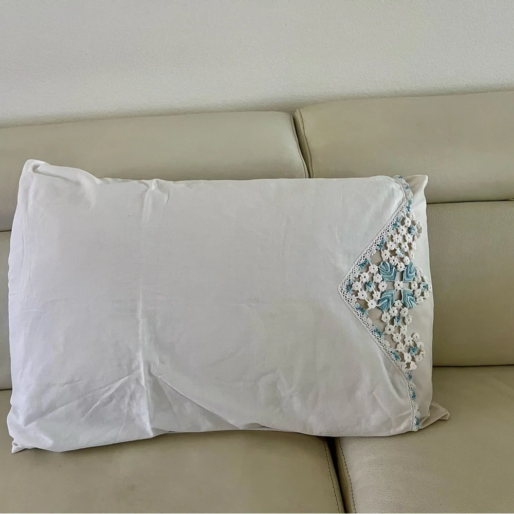 Elegant White Pillowcase with Blue Embroidery 19/31 inches